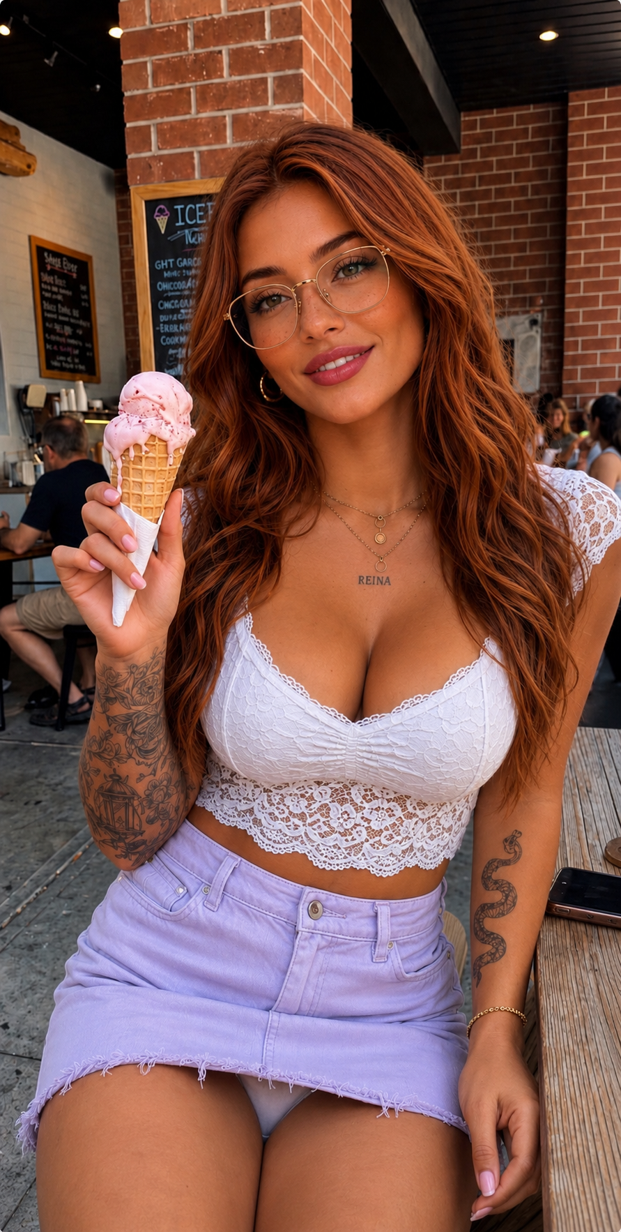 Olivia Hart with an ice cream cone at a cafe